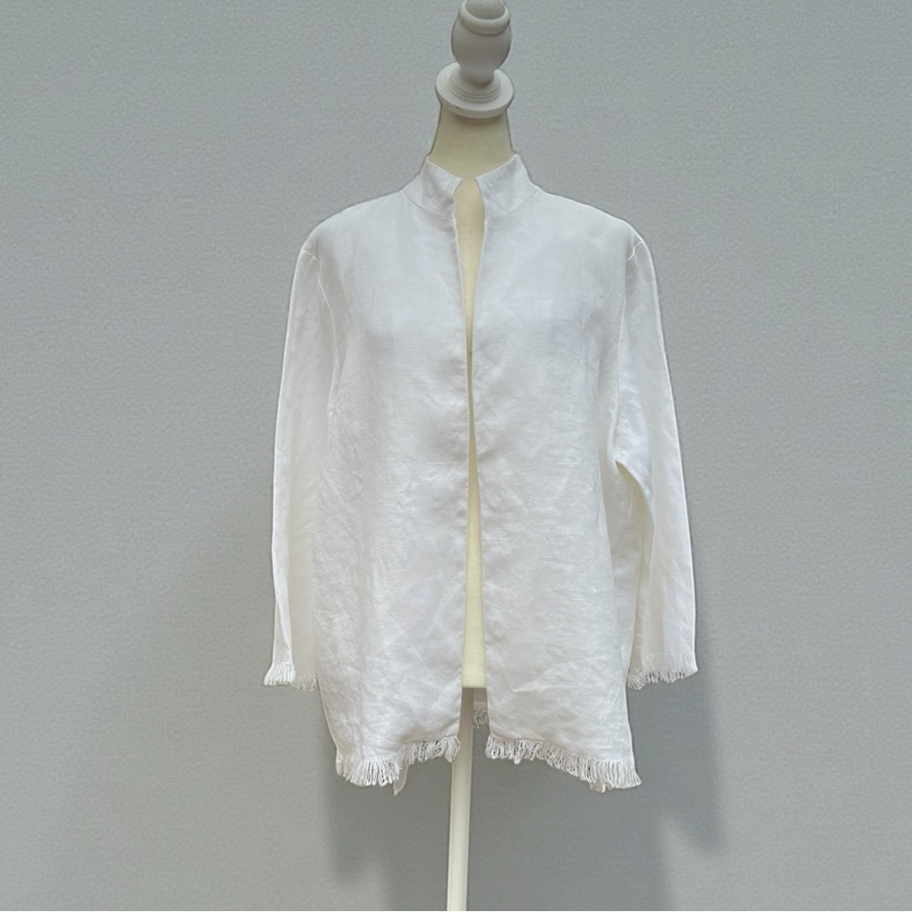 Nira Nira New York Linen Open Front Fringe Trim Jacket in White Size Large